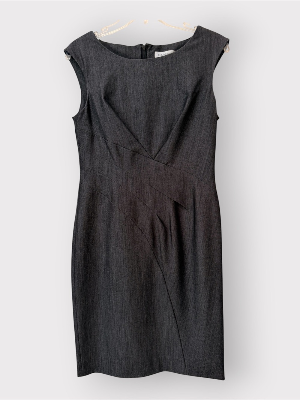 Calvin Klein Charcoal Sheath Dress, Professional Style, Font Pleating, Sz 6